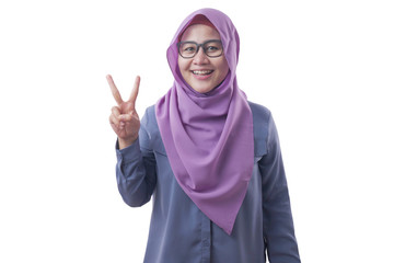 Muslim Woman Smiling and Shows Number Two or Peace Sign Gesture