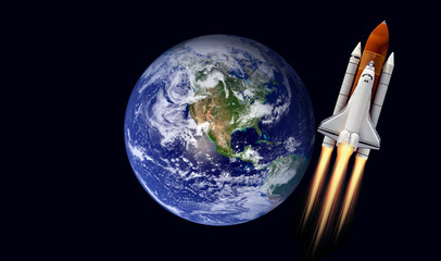 Space shuttle orbiting Earth planet. Elements of this image are furnished by NASA