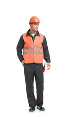 Male in black work clothes and helmet view