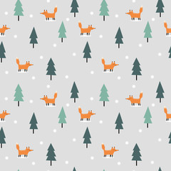 Cute fox in Christmas winter seamless pattern