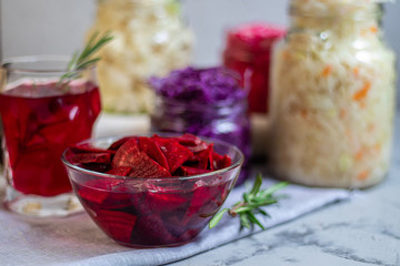 Sauerkraut, fermented, sour cabbage.  Sour beet.  Ideal for both diet and daily nutrition.  Vegetarians  can eat it.  Beneficial bacteria improve the functioning of the gastrointestinal tract 