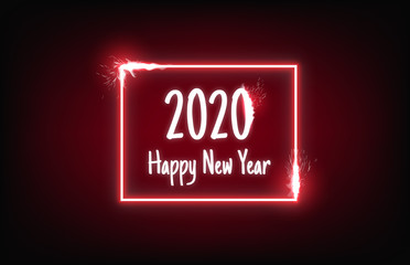 red neon frame and fire sparkle with 2020 happy new year background