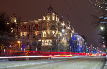 Pretty christmas Rostov-on-Don administration illuminated with sparks, 2019.
