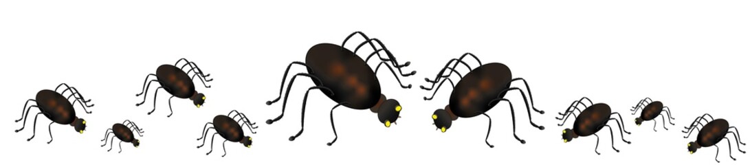 Banner mit vielen aufeinander zulaufenden Spinnen auf weißem Hintergrund