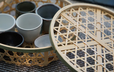 Tableware case of the basket knit out of Japanese bamboo
