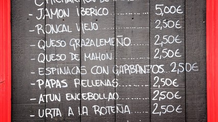 Spanish cuisine menu