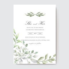 Elegant Greenery Wedding invitation template card design with watercolor leaves