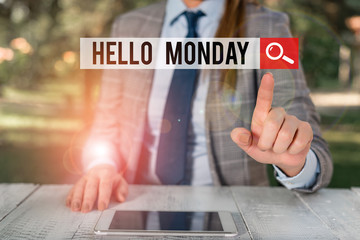 Word writing text Hello Monday. Business photo showcasing greetings or welcoming the first day of the work week Female business person sitting by table holding mobile phone