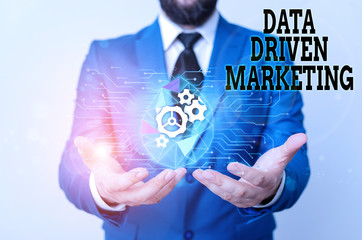 Writing note showing Data Driven Marketing. Business concept for Strategy built on Insights Analysis from interactions Male human wear formal suit presenting using smart device