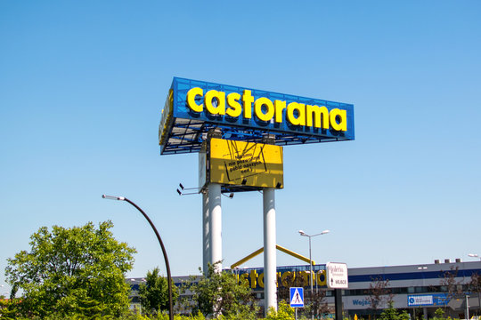 Krakow, Poland - June 03, 2017: sign of Castorama against blue sky. Castorama is French retailer of DIY and home improvement tools and supplies. 