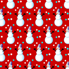 Snowman and white and blue circles on a red background. New Year pattern. Vector illustration.