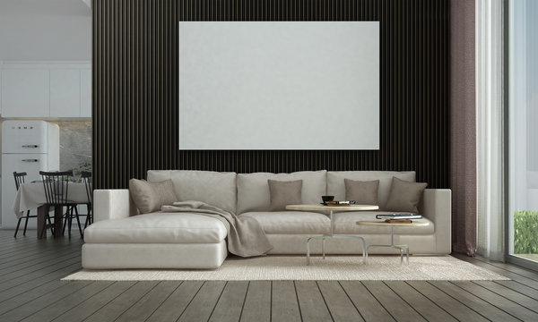 Modern elegant living room and wood texture wall panel background