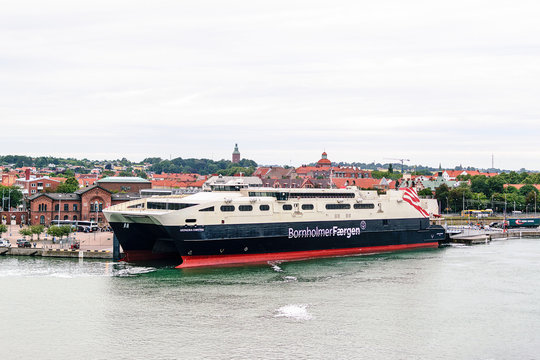 Ystad, Sweden July 21, 2017: BornholmerF&aelig;rgen  Ferry in the port of Ystad. BornholmerF&aelig;rgen is a Danish ferry company which connected the island of Bornholm to Denmark, Sweden and Germany.