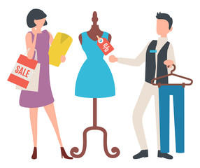 Woman shopper holding package and blouse, dress with discount label on mannequin. Seller holding rack with trousers, shopper choosing clothes. Vector illustration in flat cartoon style
