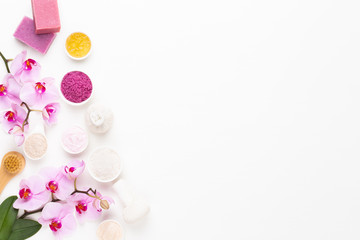 Spa still life with aromatherapy, herbal oil, soap, sea salt.