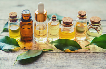 Tea tree essential oil in a small bottle. Selective focus.