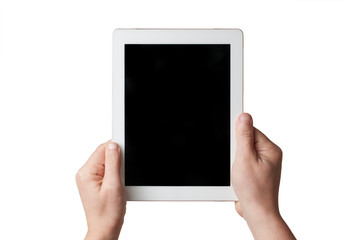 Caucasian man hold a white tablet with two hands on white background