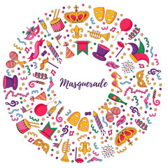 Fototapeta na wymiar Masquerade festival carnival cartoon icons round frame design