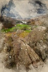 Digital watercolor painting of Winter landscape image of the view from Crimpiau and The Pinnacles towards Llynnau Mymbyr and snowcapped Snowdon in the distance