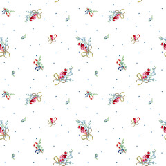 Holiday background for invitation cards, postcards,wrapping paper, printing on textiles, other design.Coniferous branches, gingerbread cookies and candy, branches with berries and bow, cone, bullfinch