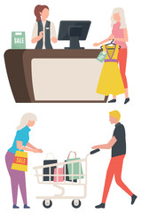 People buying clothes, woman with dress near cashbox, man with truck. Buyer with packages, shopping business, sale old collection, discount. Vector illustration in flat cartoon style