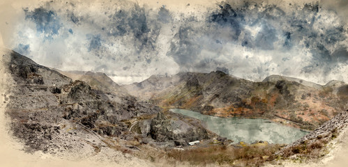 Digital watercolor painting of Beautiful landscape image of Dinorwig Slate Mine and snowcapped Snowdon mountain in background
