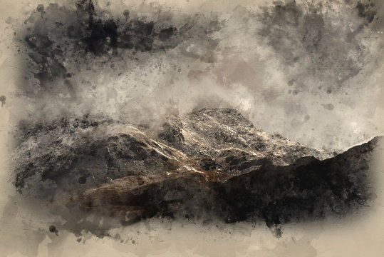 Digital watercolor painting of Stunning moody dramatic Winter landscape image of snowcapped Tryfan mountain in Snowdonia