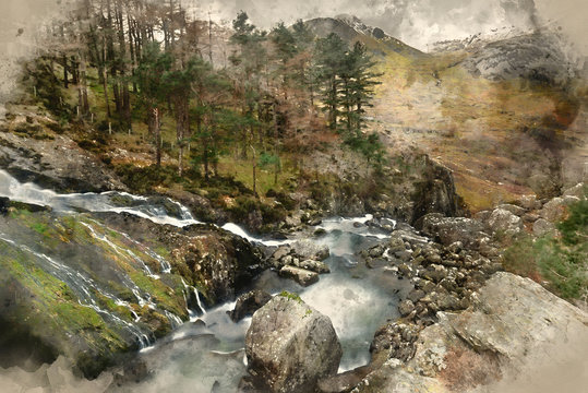 Digital watercolor painting of Stunning landscape image of Ogwen Valley river and waterfalls during Winter