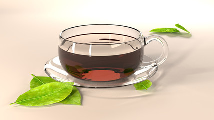 3D illustration of glass tea cup and tea leaves