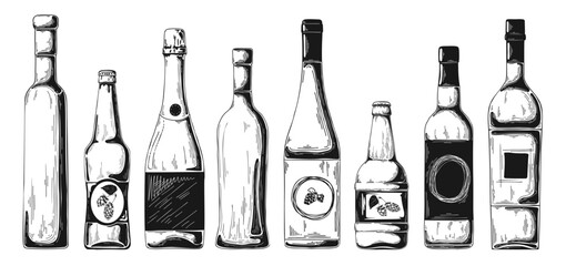 Different bottles with alcohol. Illustration in sketch style. - 294884630