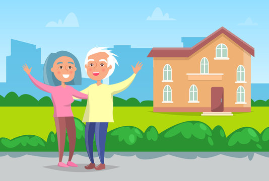 Senior couple with grey hair standing in front of house. Cheerful aged people, grandmother and grandfather. Building on background. Vector illustration in flat cartoon style