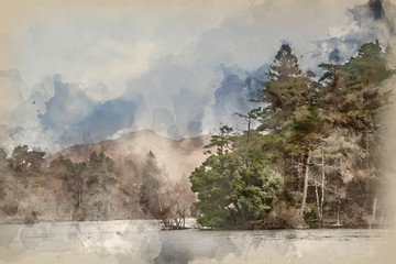 Digital watercolour painting of Stunning evening landscape image of Tarn Hows in UK Lake District during Spring