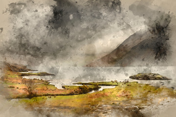 Digital watercolour painting of Stunning landscape image of Wast Water in UK Lake District during moody Spring evening