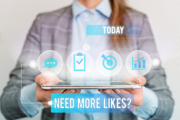 Writing note showing Need More Likes Question. Business concept for asking if he needs additional reaction on his post Female human wear formal work suit presenting smart device