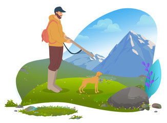Male hunter with gun and dog. Huntsman standing on grassy meadow against mountain landscape. Guy with pet outdoor activity. Vector illustration in flat cartoon style