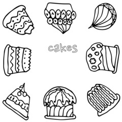 Set of vector cakes with cream or fruits, Illustration on white  background in hand drawn doodle style.Great for web page background, wrapping paper, cards,notebook and invitation