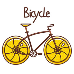 Retro bicycle with lemon slice instead of wheels. Bright logotype for tourism agency. Bicycle logo template. Vector illustration.