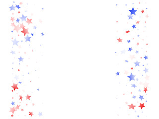 Flying red blue white star sparkles on white vector american patriotic background.
