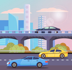 Automobiles going by road and autobahn in city. Skyscraper view, sunny shine, taxi and auto moving in downtown, high building and transport. Vector illustration in flat cartoon style