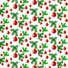Red Christmas balls, green branch of a Christmas tree on a white background. Pattern. Vector graphics.