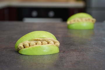 Apple Peanut Butter Monster Mouths. Healthy Halloween Snack. Scary Food Ideas for Halloween.