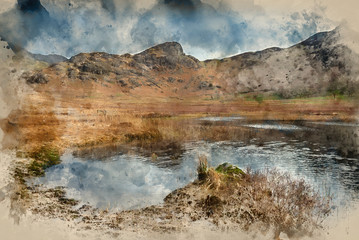 Digital watercolour painting of Beautiful vibrant sunrise landscape image of Blea Tarn in UK Lake District