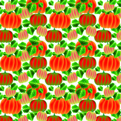 White and orange pumpkins and green leaves on a black background. Vector illustration. pattern