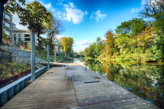 WROCLAW, POLAND - OCTOBER 06, 2019: Olawa River in Wroclaw, Poland. Beautiful autumn landscape on a sunny day. Wild, untouched nature in the city.