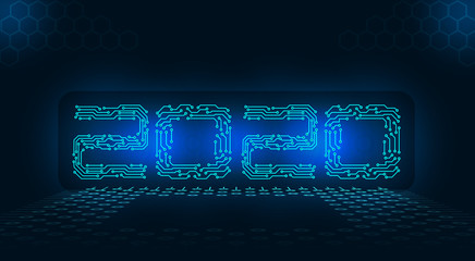 2020 New Year. Banner inscription, circuit board under the processor. illustration