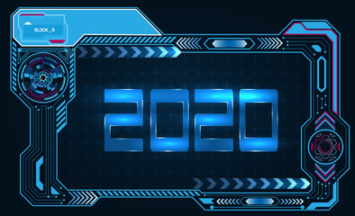 2020 New Year lettering, circuit board. Asymmetrical frame of the graphic monitor, indicators. illustration