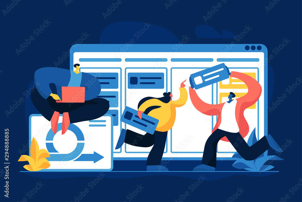 Poster project management flat vector illustration. workflow organization software, agile development, effi