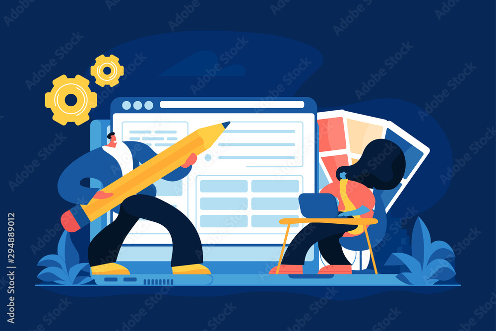 Poster programming and graphic design vector illustration. website ui layout, creative ux development proce