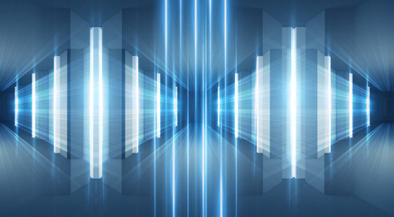 Abstract blue background with neon rays. Abstract light tunnel, corridor, portal. Rays of neon light in the dark, neon shapes, smoke. Symmetric reflection. 3D rendering.