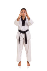 Tae-kwon-do girl two open hands stance full length